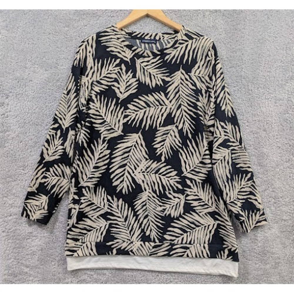 LC‎ Waikiki Long Sleeve Top Women's XL Navy Blue Cream Palm Print Layered Hem